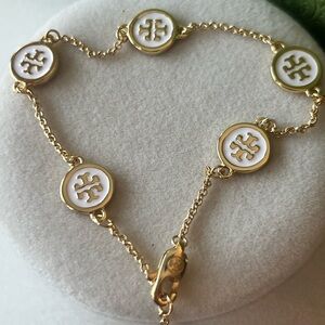 Tory Burch Gold and White logo Chain Bracelet